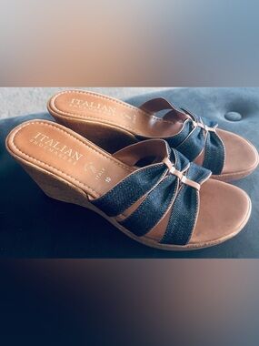 Italian Shoemakers Navy Denim and Tan Wedge Sandals/10